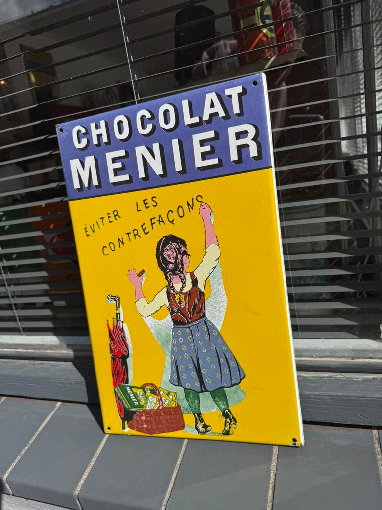 Panneau publicitaire en émail Chocolat Menier, Enlèvement ou Envoi, Utilisé, Panneau publicitaire