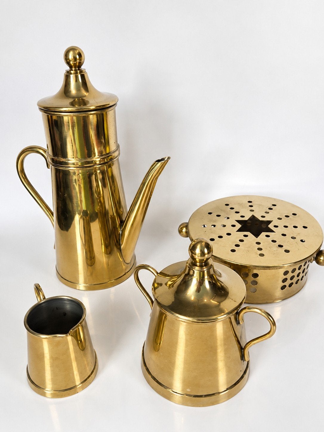 Vintage messing koffie-/theeset met rechaud – 4-delig, Antiek en Kunst, Ophalen of Verzenden