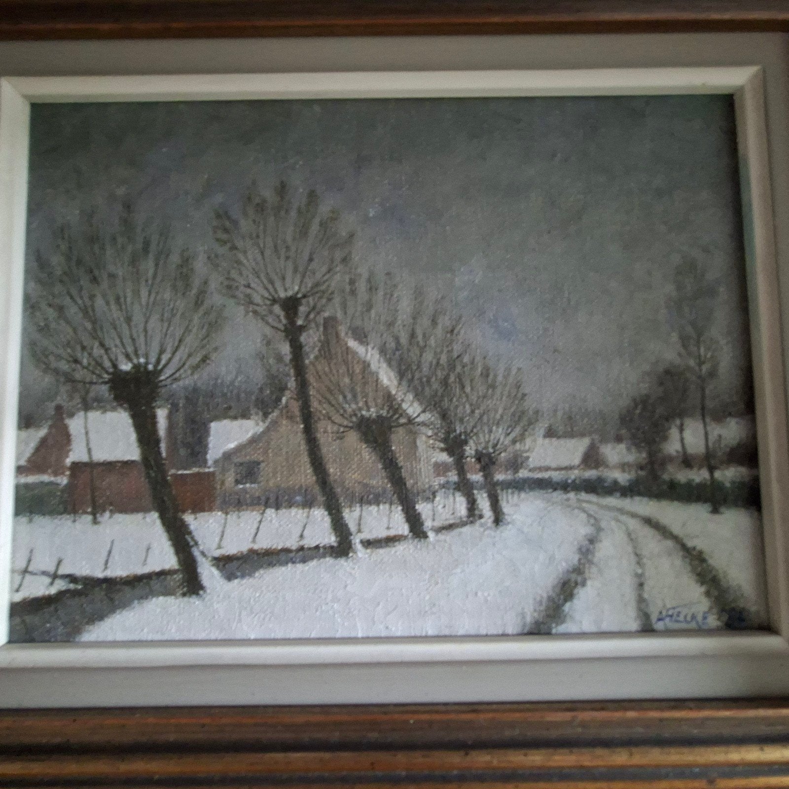 Winter in de Biezestraat A.van Hecke(1909-1993), Antiquités & Art, Enlèvement ou Envoi, Signé, Peinture à l'huile, Paysage