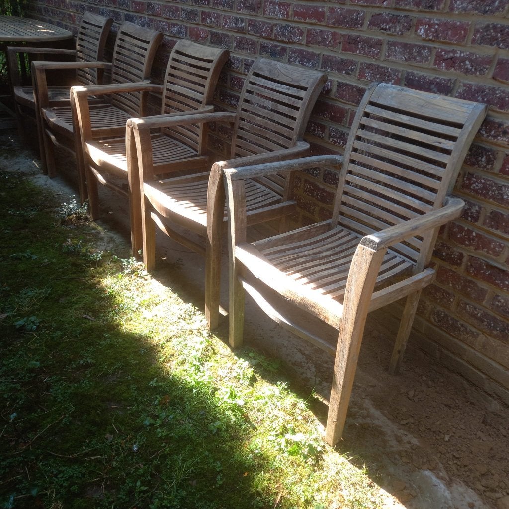 5 fauteuils teck massif avec accoudoirs empilables, Jardin & Terrasse, Enlèvement, Bois de teck, Empilable