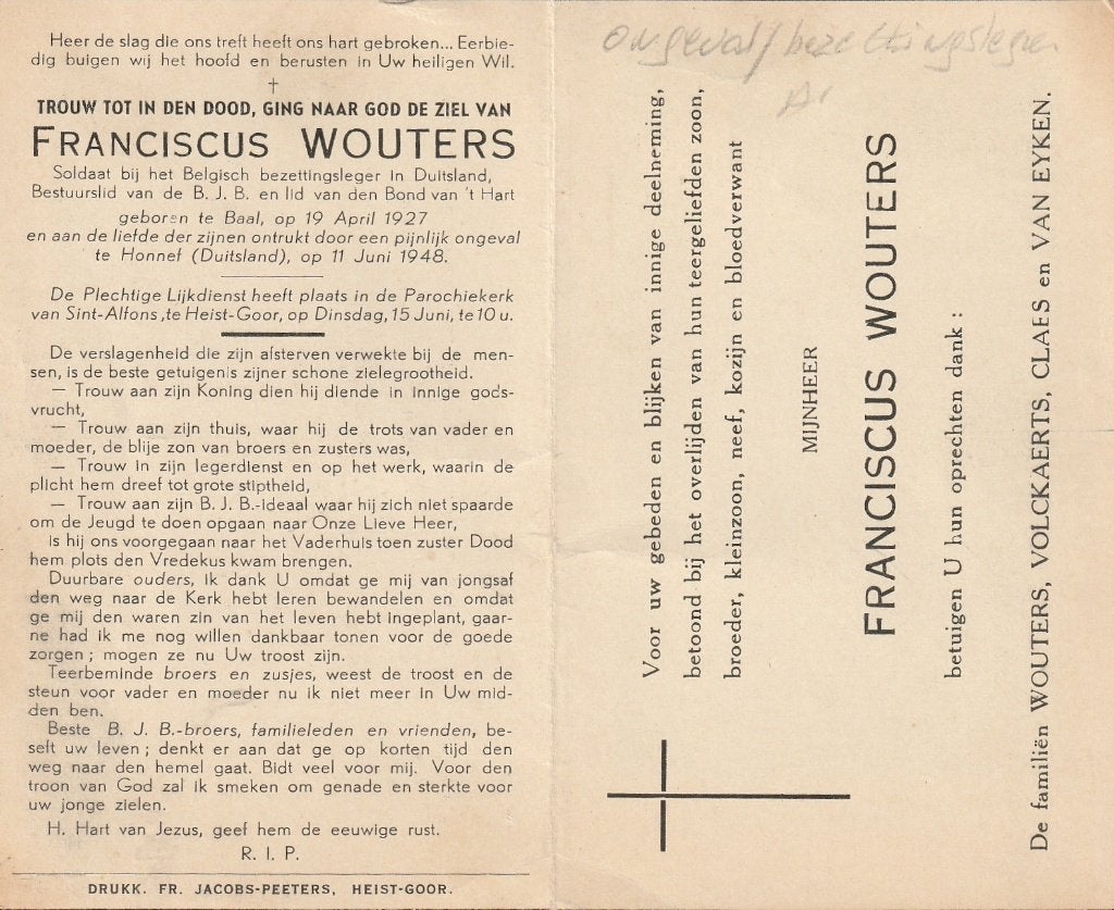Ongeval bezettingsleger Franciscus Wouters Baal -Honnef, Verzenden