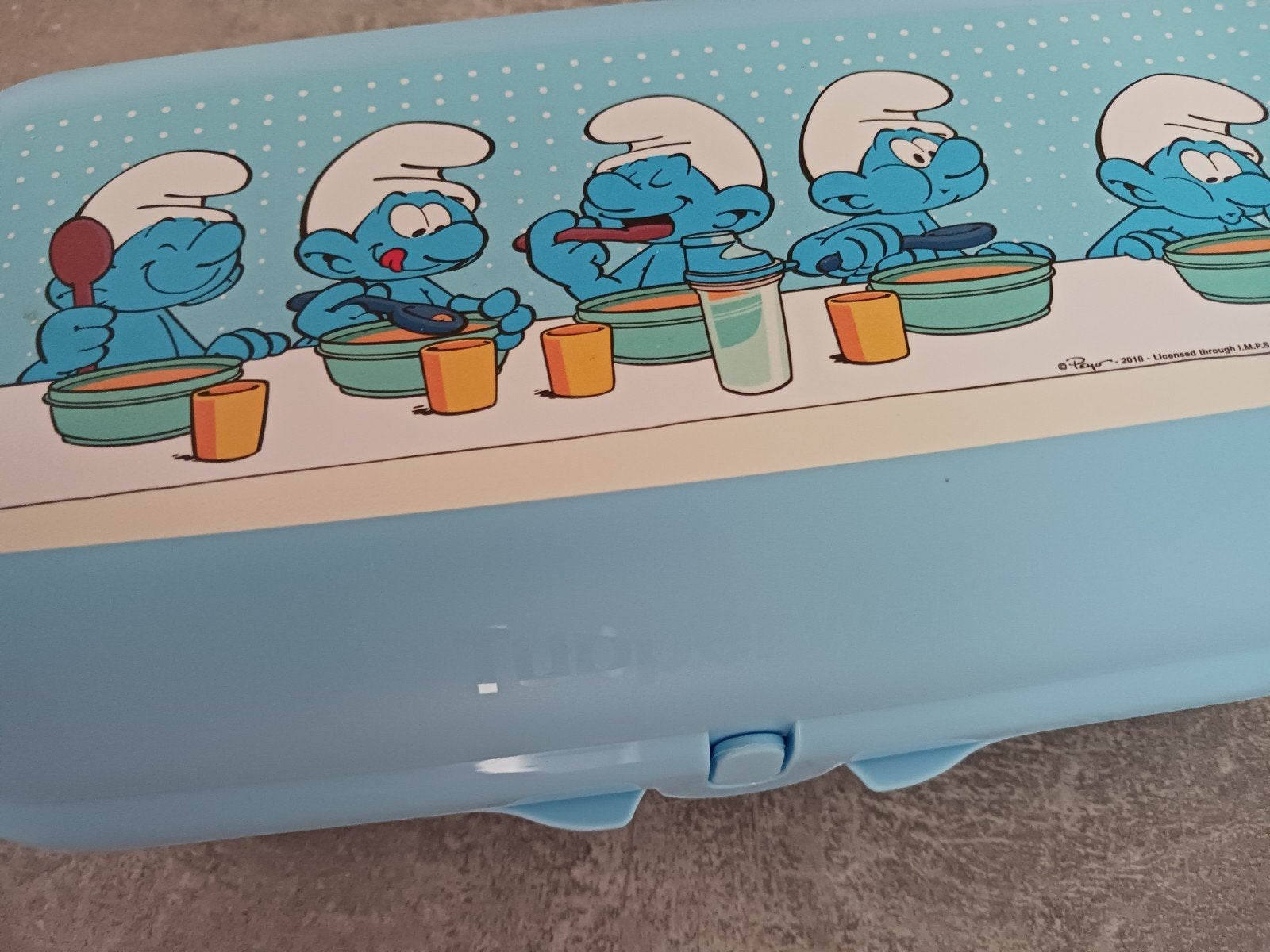 Blauwe doos van de smurfen van Tupperware te koop., Ophalen, Nieuw, Blauw, Bewaardoos
