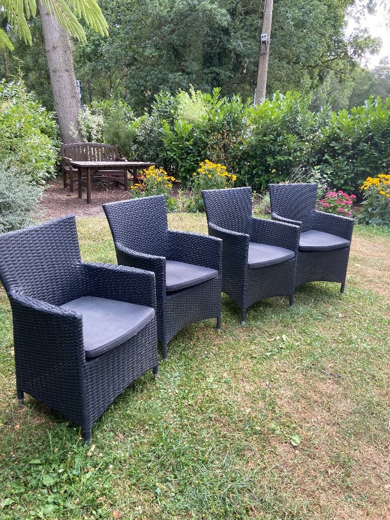 4 wicker tuinstoelen met kussens, Tuin en Terras, Ophalen, Zo goed als nieuw, Wicker