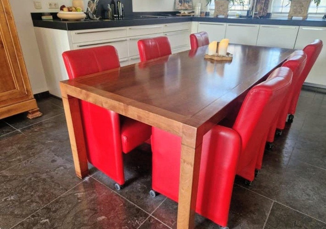 Mooi Kersenhouten eettafel met 6 leren, verrijdbare stoelen, Cerisier, Comme neuf, 100 à 150 cm, Enlèvement