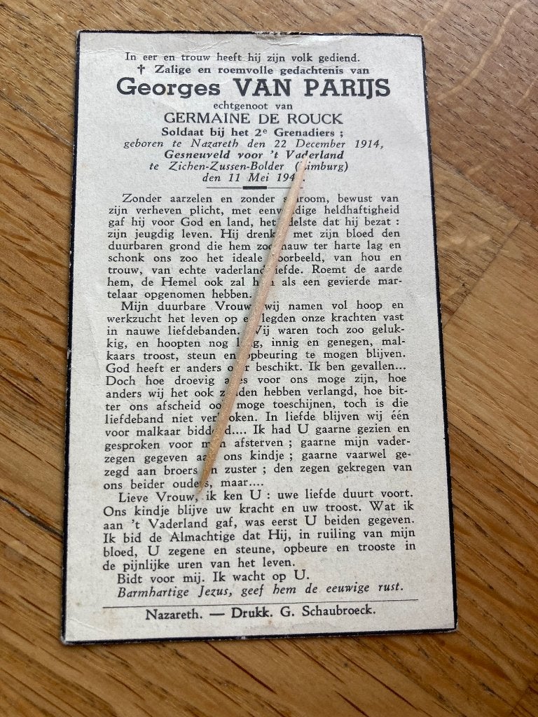 Oorlogsslachtoffer, Nazareth, 1940, soldaat, Verzenden, Bidprentje
