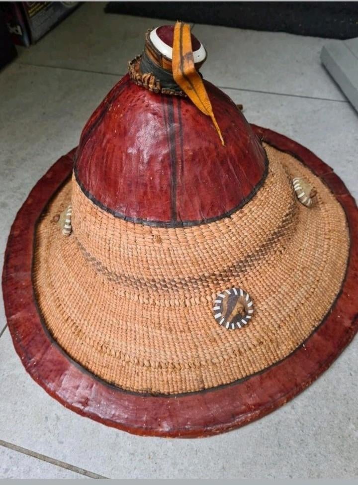 Chapeau africain, paille tressée et cuir, Enlèvement ou Envoi, Comme neuf, Chapeau