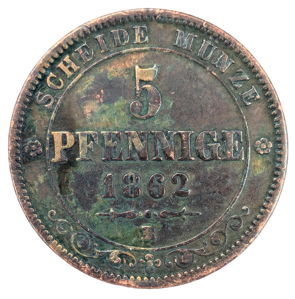 Munt Duitsland Saksen: 5 Pfennig 1862 B, Ophalen of Verzenden, Duitsland, Losse munt