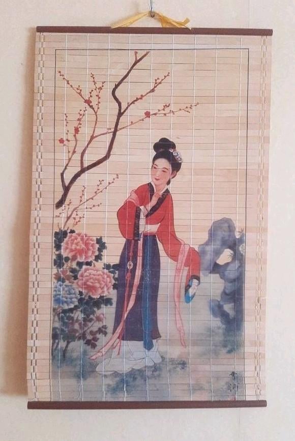 Elegante Vintage Chinese bamboe wandrol met Geisha, Ophalen of Verzenden, Zo goed als nieuw