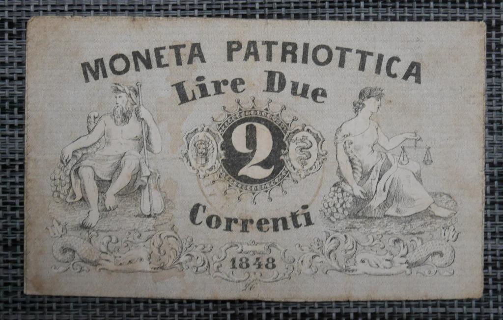 Bankbiljet 2 Lire Italië 1848 Moneta Patriottica, Postzegels en Munten, Bankbiljetten | Europa | Eurobiljetten, Ophalen of Verzenden