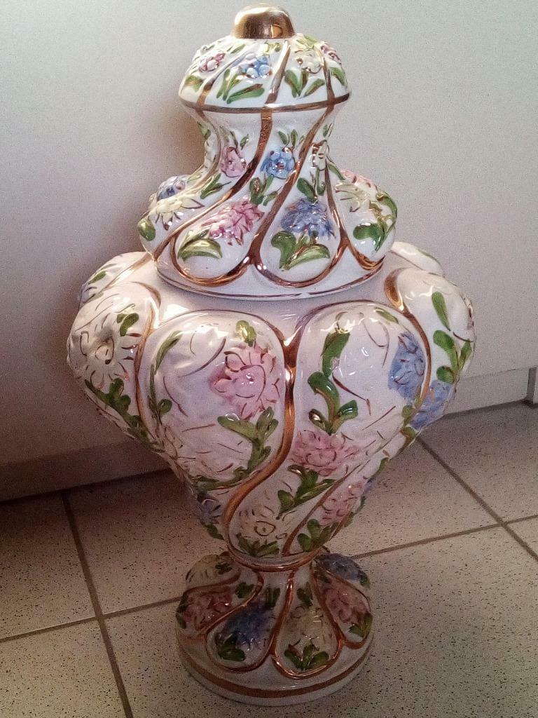 Kleurrijke antieke grote zeldzame vaas met deksel, zie foto, Antiek en Kunst, Ophalen of Verzenden