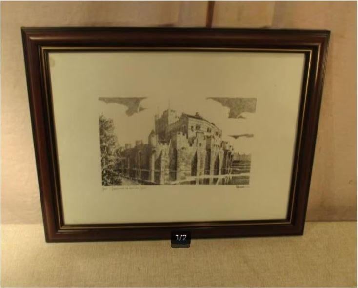 Mooie Oude Gravure 'Gravensteen Gent' - Roman, Antiek en Kunst, Ophalen of Verzenden
