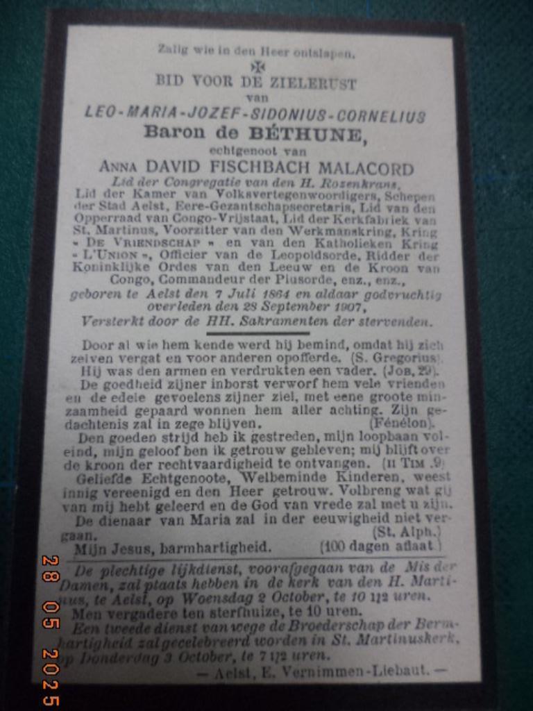AALST: doodsprentje Baron Leo DE BÉTHUNE. Zéér goede staat !, Collections, Images pieuses & Faire-part, Enlèvement ou Envoi, Carte de condoléances