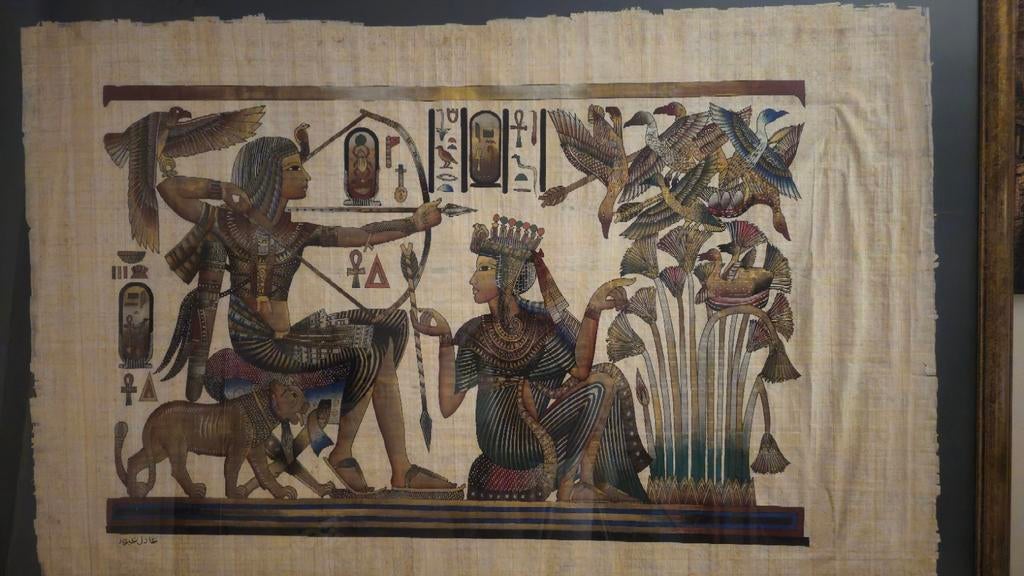 Peinture égyptienne vintage sur papyrus de Toutankhamon, Enlèvement ou Envoi, Comme neuf