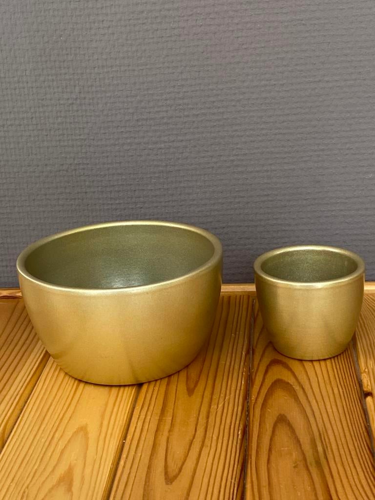 2 gouden keramische potten voor bloemen of kaarsen, Rond, Binnen, Ophalen of Verzenden, Zo goed als nieuw