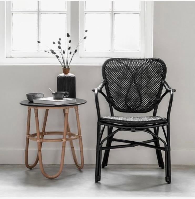 Rond rotan bijzettafeltje boho rattan salontafel zwart blad, Huis en Inrichting, Boho, Rond, Zo goed als nieuw, Hout