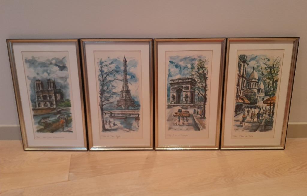 Vintage Arno gesigneerd Parijs aquarel ingelijste prints 50s, Antiek en Kunst, Ophalen of Verzenden