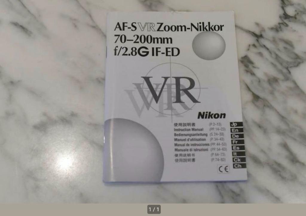 Nikon AF-S Zoom-Nikkor 70-200mm/2.8G handleiding, Audio, Tv en Foto, Ophalen of Verzenden, Zo goed als nieuw, Overige typen
