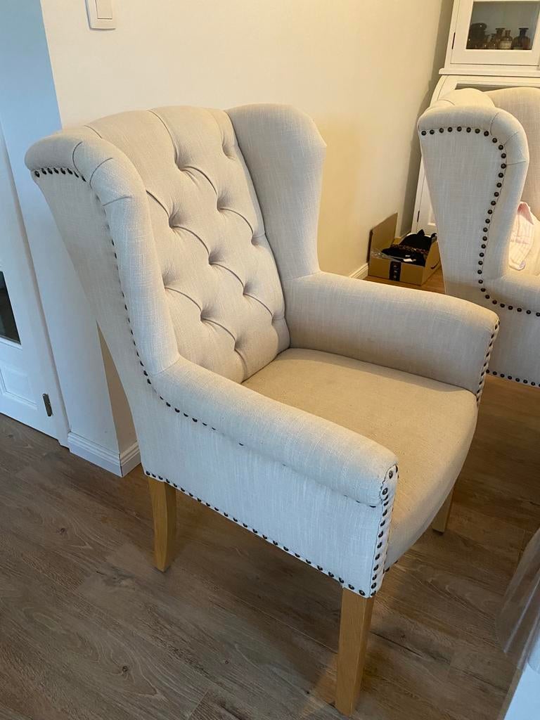 6 chaises en tissu beige avec accoudoir, Ophalen, Zo goed als nieuw