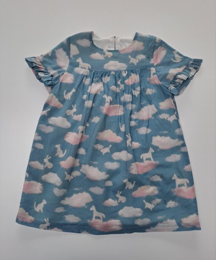 Mt 104 Lichtblauwe jurk met dieren in de vorm van wolken, Meisje, Filou & Friends, Ophalen of Verzenden, Zo goed als nieuw