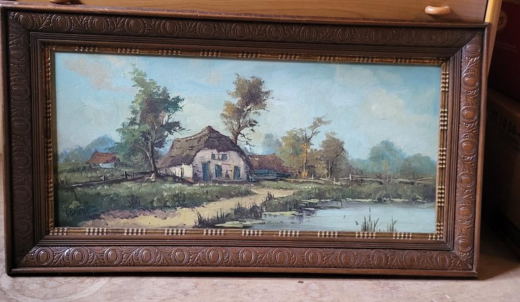 Landschapsschilderij met mooie antieke kader te koop, Ophalen