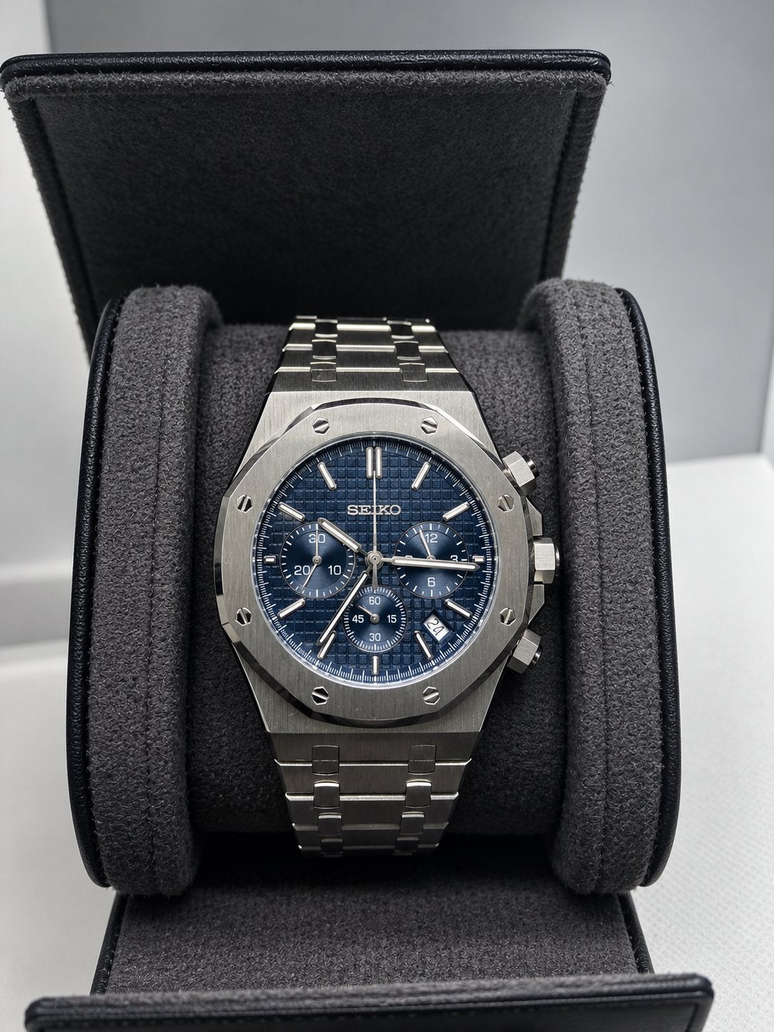 Seiko Mod Royal Oak Bleu Marine 41mm Chronographe VK63 Neuve, Enlèvement, Comme neuf, Seiko