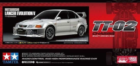 Tout nouveau Tamiya TT02 Mitsubishi Lancer Evo V, Neuf, Échelle 1:10, Enlèvement ou Envoi, Voiture on road