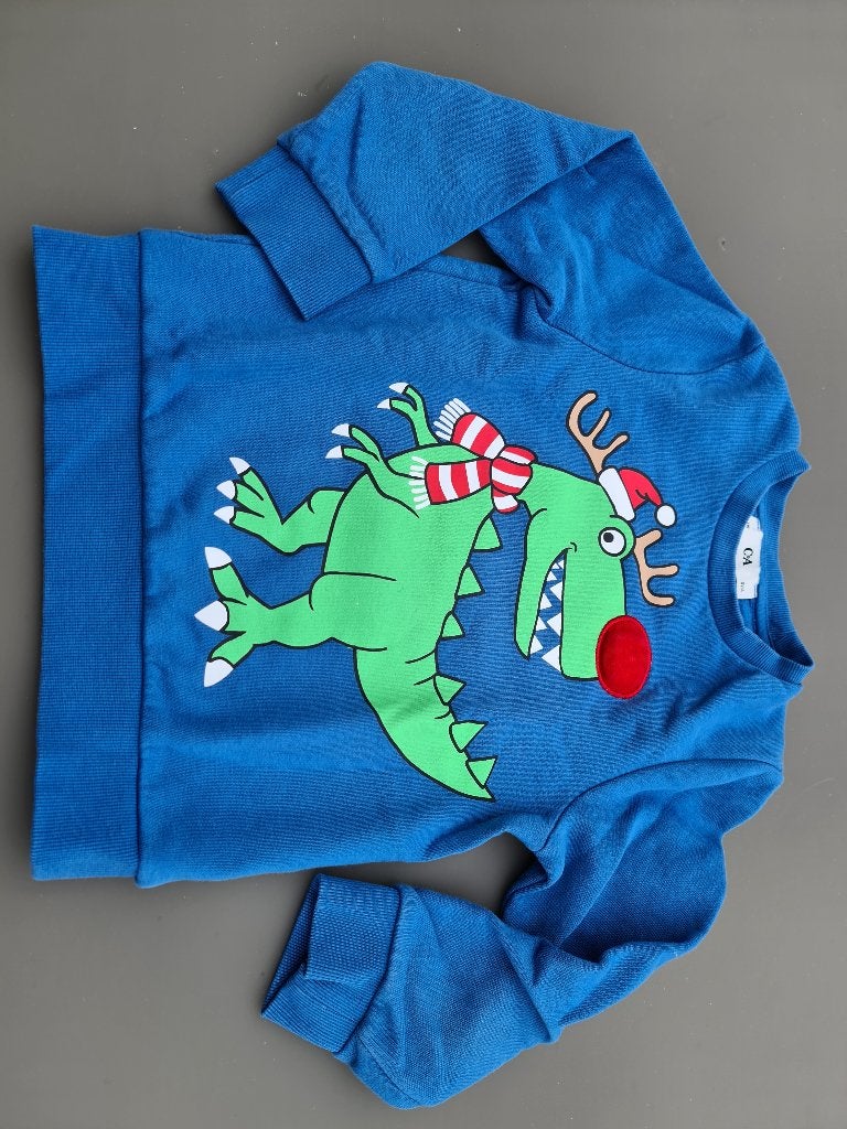 blauwe trui, pull met dino, CA, 116, Enfants & Bébés, Vêtements enfant | Taille 110, Enlèvement, Comme neuf