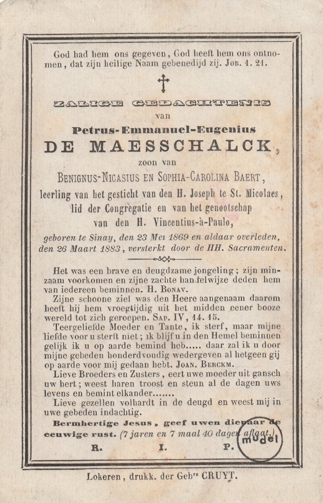 B P DE MAESSCHALCK  SINAY, Ophalen of Verzenden, Bidprentje
