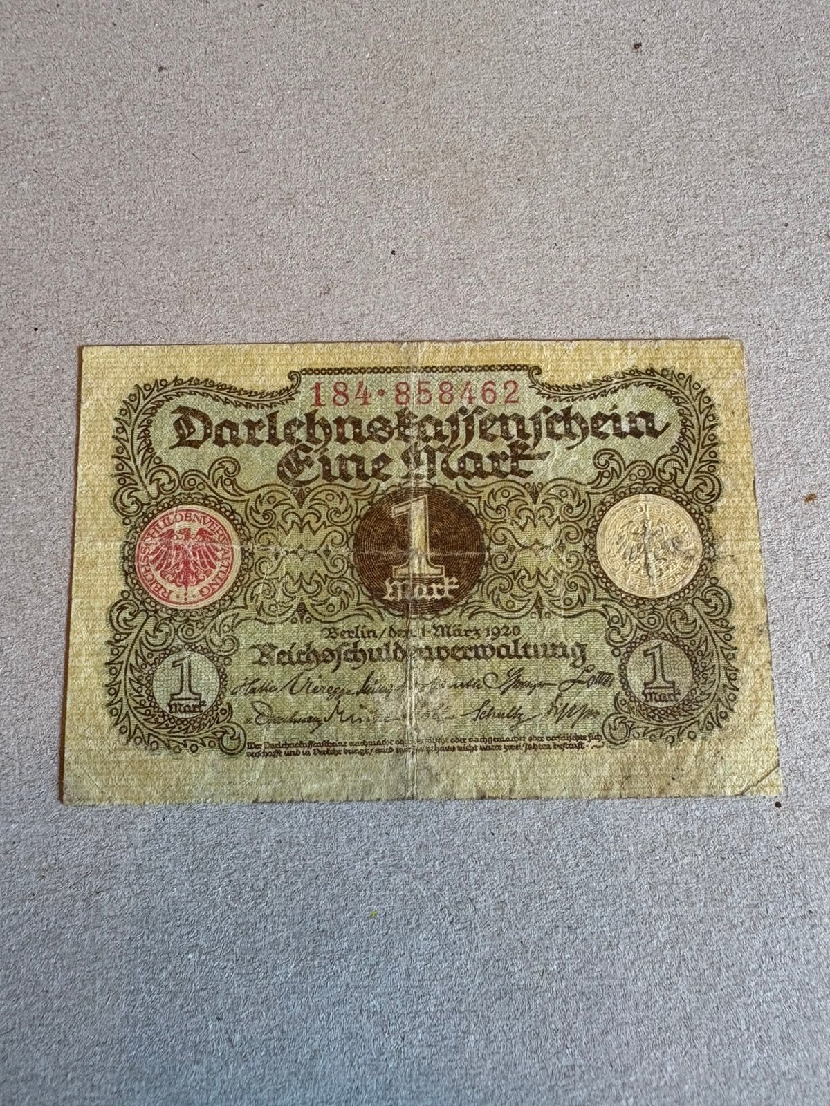 Duits bankbiljet 1 Mark 1920 – Darlehnskassenschein, Ophalen of Verzenden, Bankbiljetten