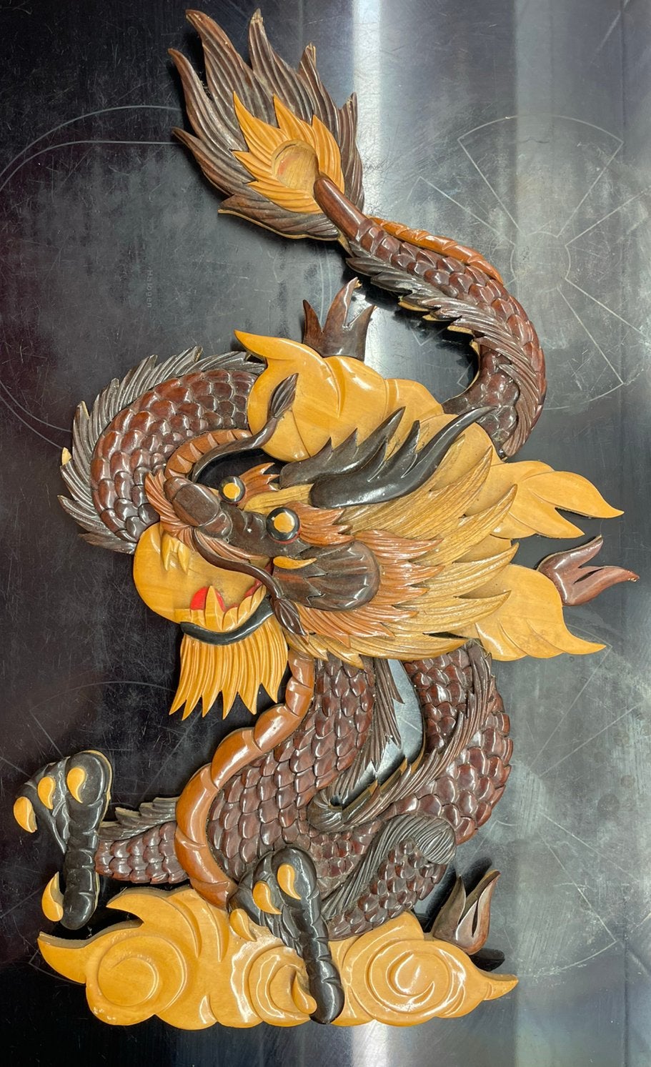 Suspension Dragon vietnamien en bois de plusieurs essences, Enlèvement ou Envoi, Décoration murale, Autres origines, 51 cm