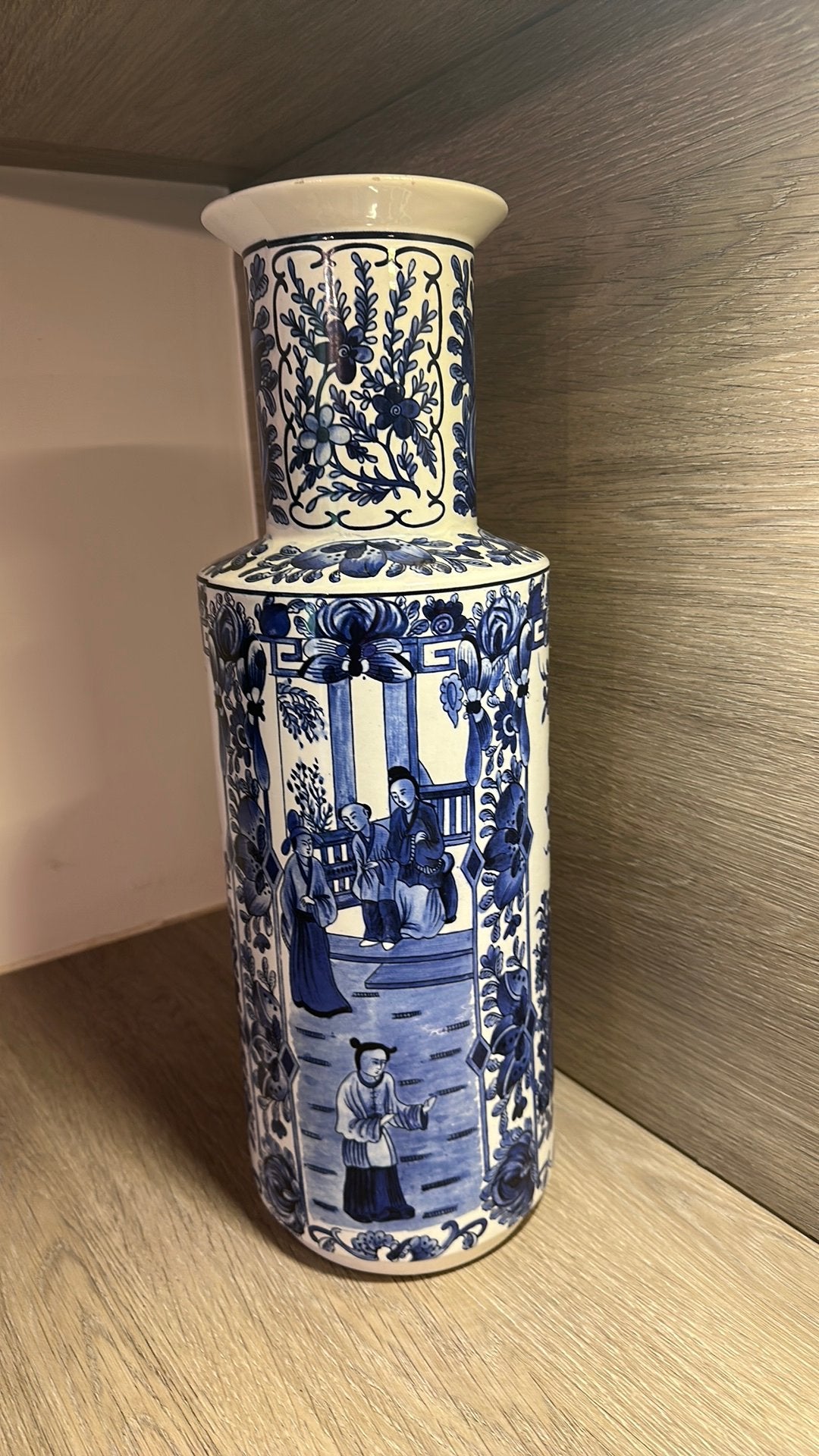 Grote Vintage Chinese Rolvaas / Cilindervaas – Blauw-Wit, Enlèvement ou Envoi