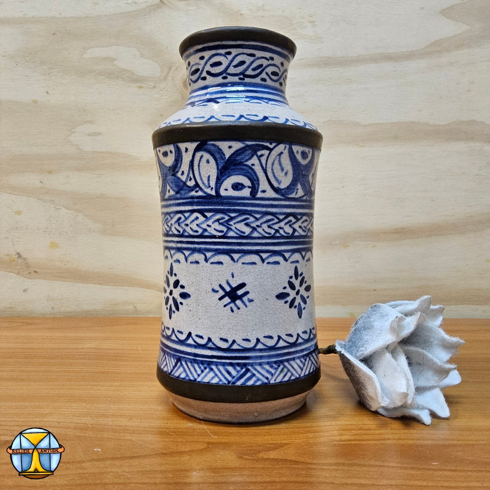 Vase vintage en céramique à motif Fassi marocain bleu/blanc, Enlèvement ou Envoi