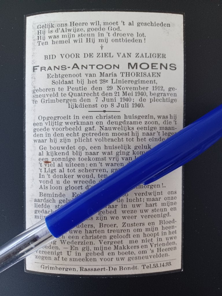 Gesneuvelde soldaat Frans-Antoon MOENS  Peutie, Verzamelen, Bidprentjes en Rouwkaarten, Ophalen of Verzenden