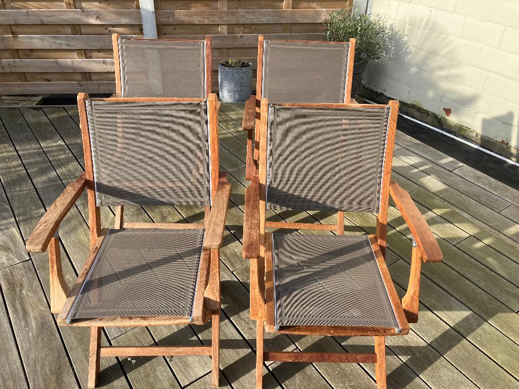 4 teak stoelen met batylaine zitting, Tuin en Terras, Tuinstoelen, Zo goed als nieuw, Teakhout, Inklapbaar, Ophalen