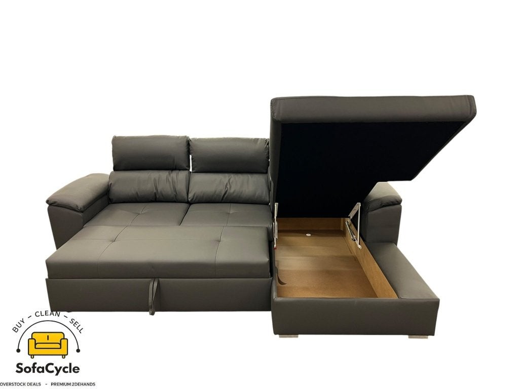 Hoekzetel grijsgroen in skai met slaapbed, hoek R, Huis en Inrichting, Nieuw, Zonnestraat 223-229, 9600 Ronse, België, Info@sofacycle.be