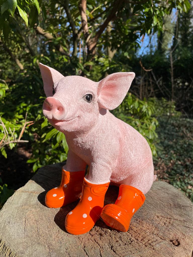 Varken laarsjes zittend, Oranje, boerderij, tuin, 25cm, Tuin en Terras, Tuinbeelden, Ophalen of Verzenden, Nieuw, Kunststof, Dierenbeeld