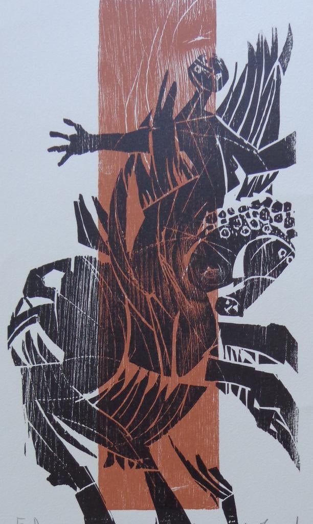 DETLEF WILLAND / ENGELREITER / KLEURHOUTSNEDE / 52x36cm SIG, Antiek en Kunst, Kunst | Litho's en Zeefdrukken, Ophalen of Verzenden