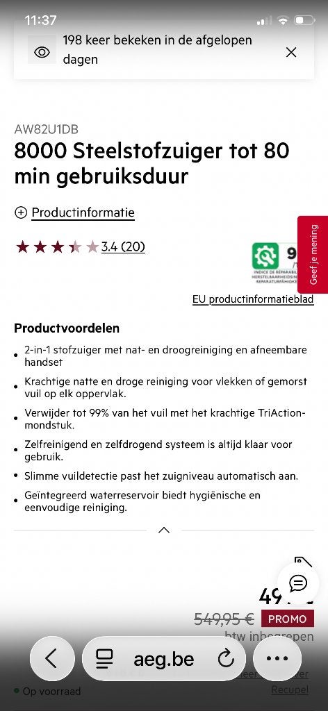 Steelstofzuiger met dweil functie, Elektronische apparatuur, Stofzuigers, Nieuw, Ophalen, Dweilfunctie, AEG