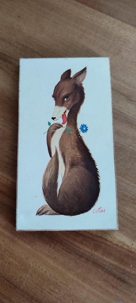 Vintage houten kader met prent van gestileerde vos (1966), Antiek en Kunst, Ophalen of Verzenden