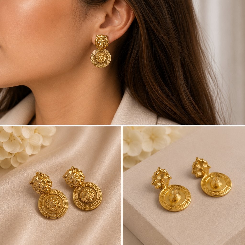 Boucles d'oreilles en forme de tête de lion en or mat, Bijoux, Sacs & Beauté, Boucles d'oreilles, Neuf, Or, Or, Pendantes