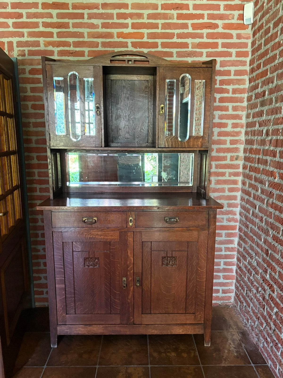 Houten hoge kast met spiegels., Maison & Meubles, Armoires | Vitrines, Enlèvement