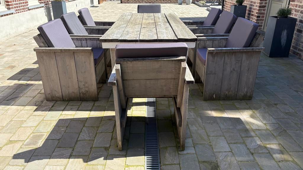 Oude tuinset in steigerhout, Tuin en Terras, Ophalen, Gebruikt, Steigerhout, 8 zitplaatsen