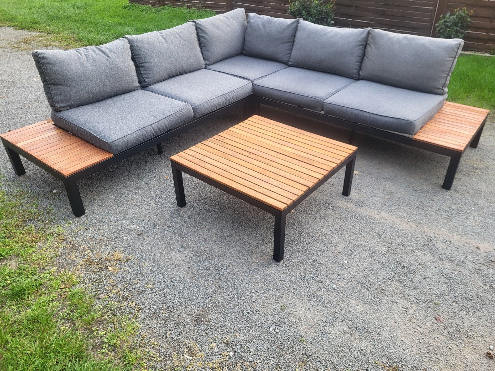 loungeset aluminium/teakhout met bijhorende kussens en tafel, Tuin en Terras, Ophalen, Aluminium, Loungeset