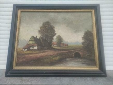 huile sur toile paysage avec un pont signe, Ophalen, Landschap, Doek