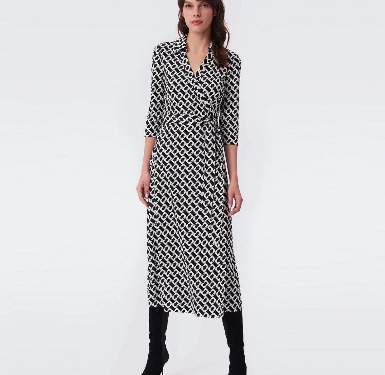 Diane Von Furstenberg - Black & White Chain Link Wrap Dress, Maat 38/40 (M), Meerkleurig, Ophalen of Verzenden, Zo goed als nieuw