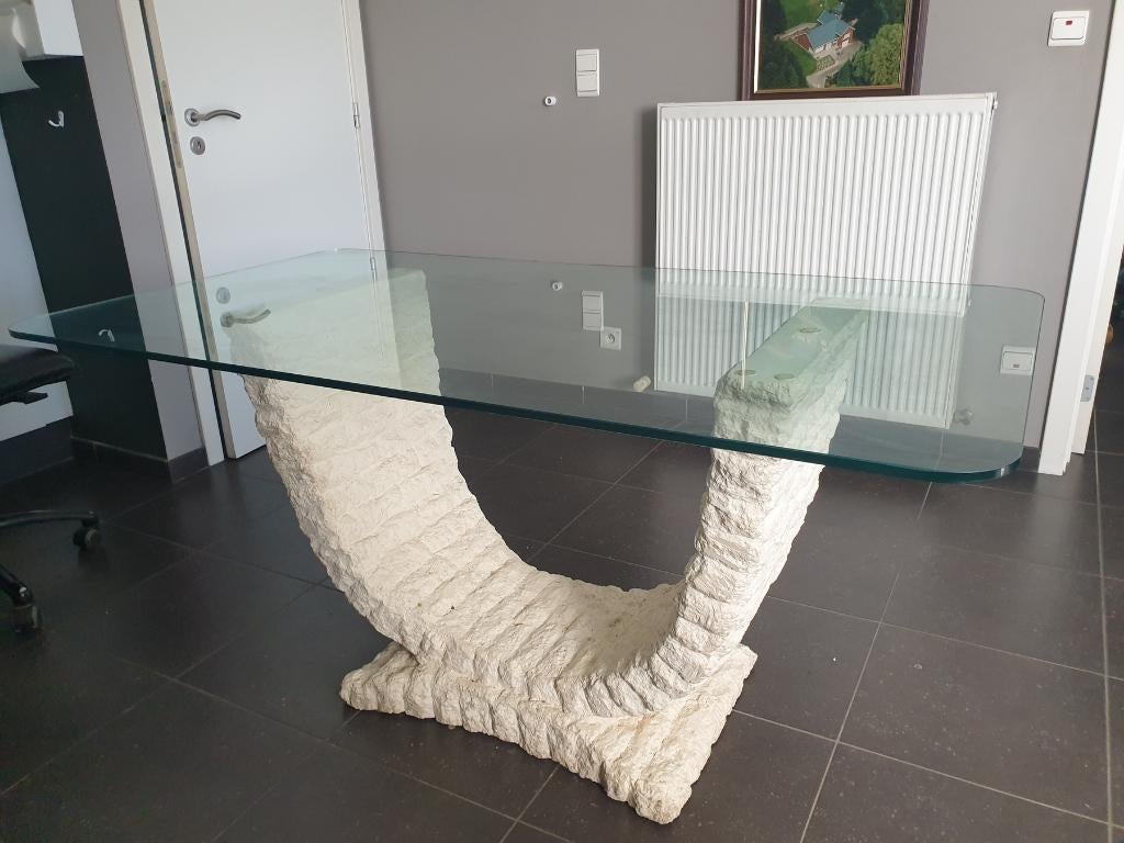 Eettafel met glazen blad en voet in fossiele steen 150x83, Huis en Inrichting, Tafels | Eettafels, Ophalen, Glas