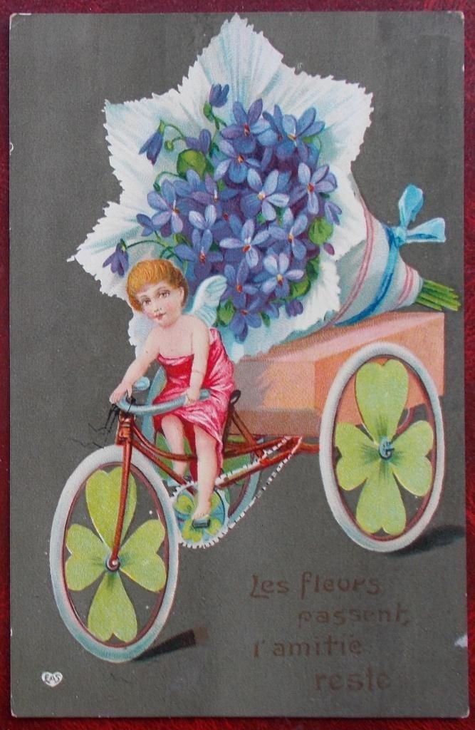 Oude postkaart, kind op driewieler met bloemen, Verzenden, Voor 1920, Gelopen, Overige thema's