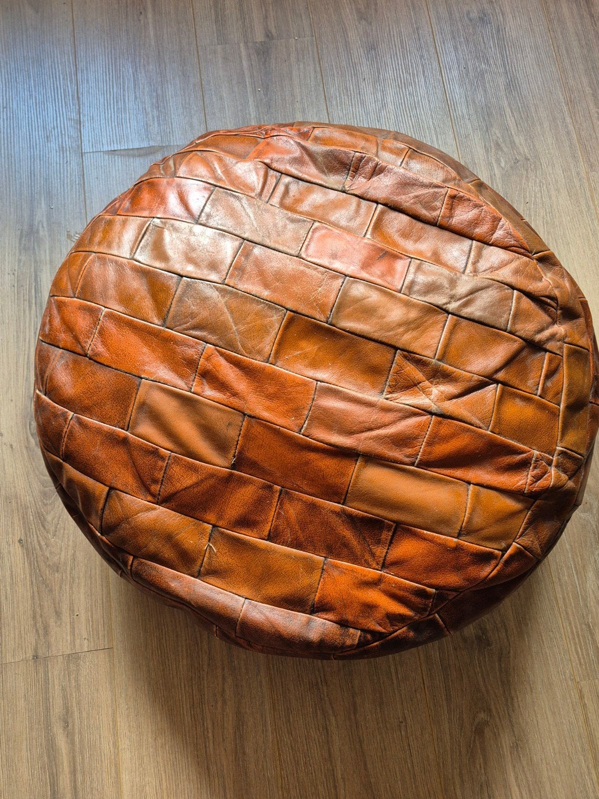 Vintage Leren Poef - 65cm doorsnee, Huis en Inrichting, Ophalen
