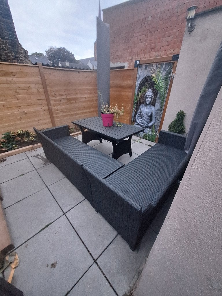 Te koop. Loungset met kussens,tafel en/of opbergbox., Ophalen, Gebruikt, 6 zitplaatsen, Loungeset