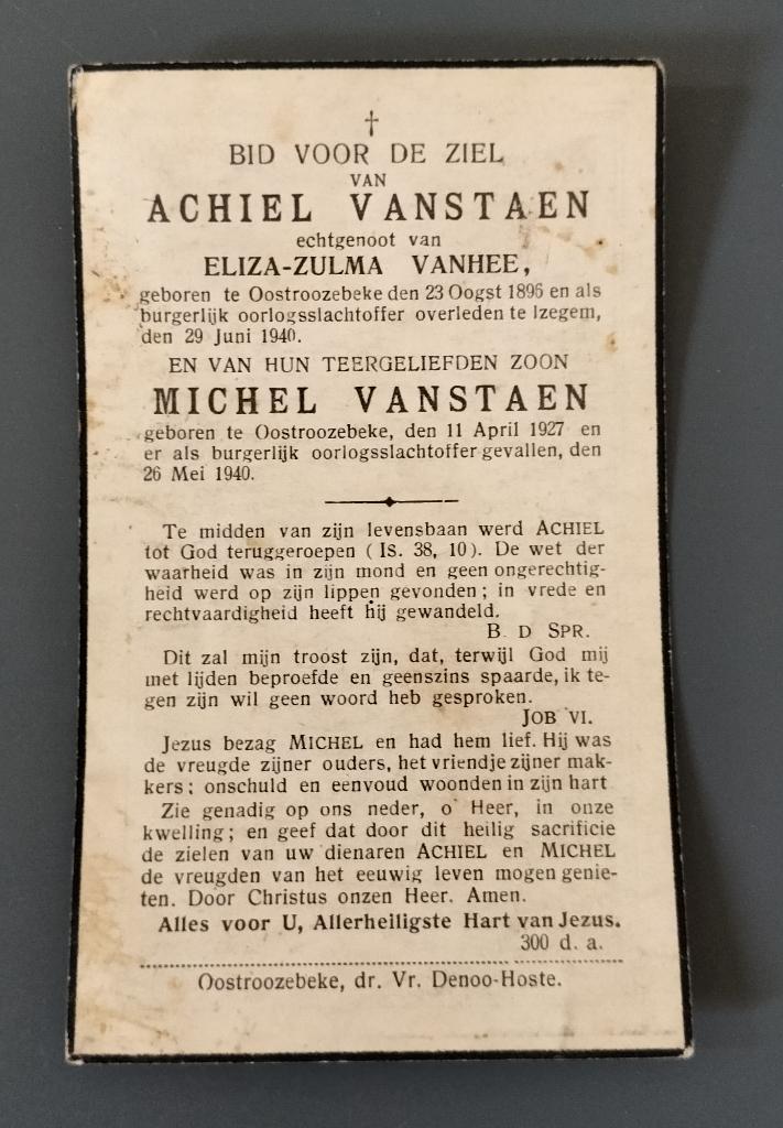 Slachtoffer WO II - Oostrozebeke Izegem mei 1940 Vanstaen, Verzamelen, Verzenden, Bidprentje